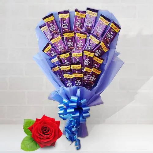 Delicious Bouquet of Cadbury Dairy Milk Chocolates with Free Single Red Rose