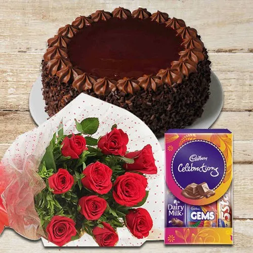 Red Rose with Chocolate Cake and Cadbury Celebrations Pack