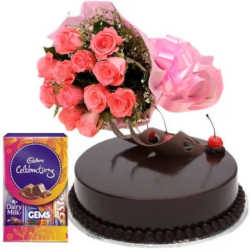 Pink Roses with Chocolate Cake N Cadbury Celebrations Pack