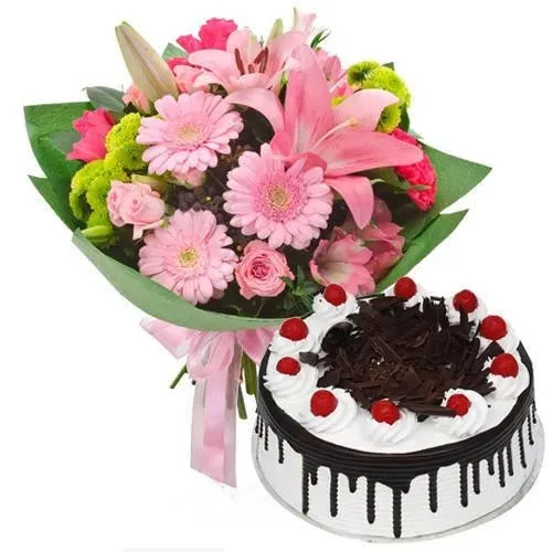 Assorted Flowers Bunch with Black Forest Cake