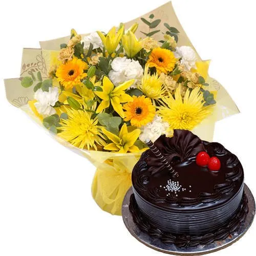 Delightful Combo of Mixed Flowers Bunch with Chocolate Truffle Cake
