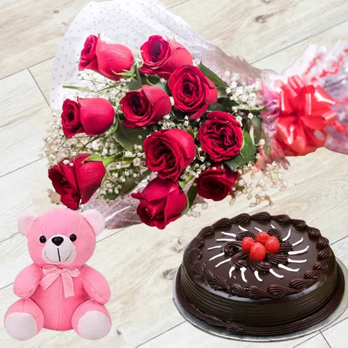 Bright Roses Bunch with Truffle Cake   Teddy