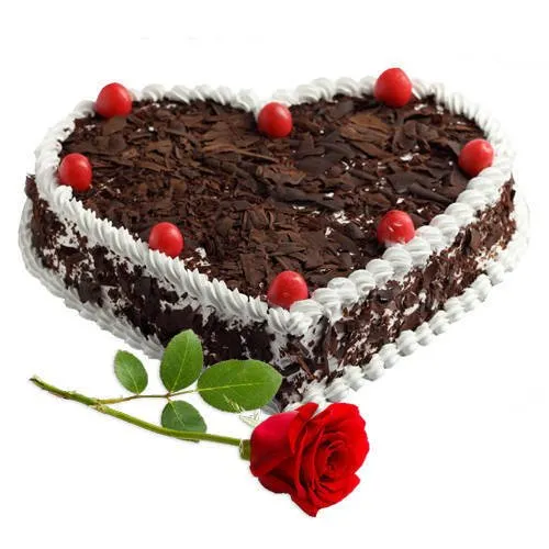 Heart Shape Black Forest Cake N Single Rose
