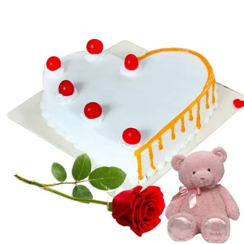 Delightful Heart Shaped  Vanilla Cake with Rose N Teddy
