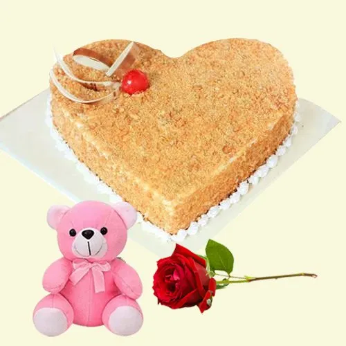 Marvelous Heart Shaped Butter Scotch Cake with Rose N Teddy