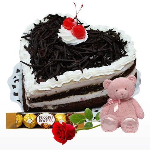 Black Forest Cake with Red Rose Teddy N Ferrero Rocher