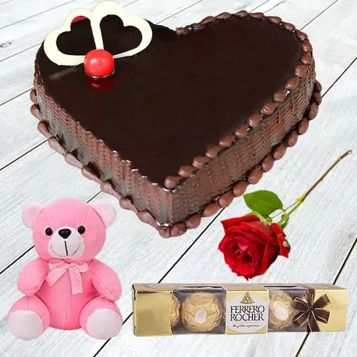 Chocolate Cake with Ferrero Rocher Teddy N Single Rose