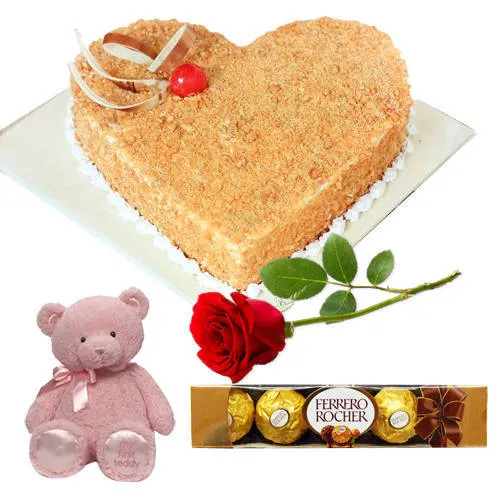Butter Scotch Cake with Teddy Red Rose N Ferrero Rocher