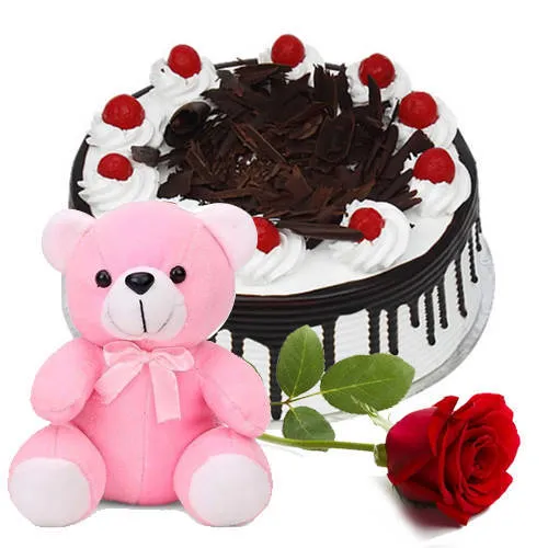 Exquisite Eggless Black Forest Cake with Teddy N Rose