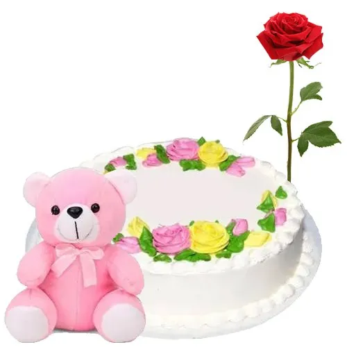Bright Red Rose with Teddy N Vanilla Cake