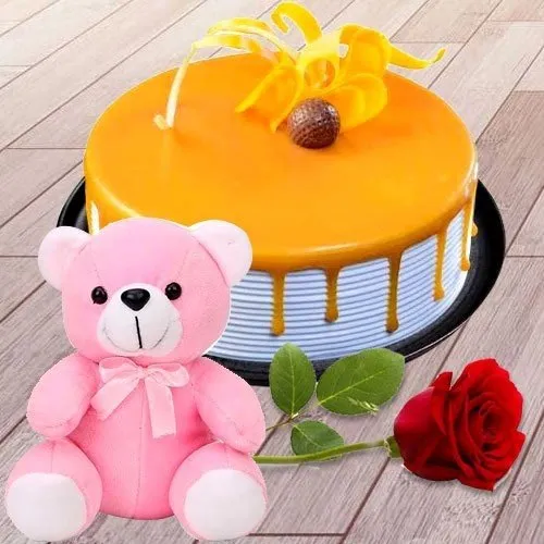 Eggless Butter Scotch Cake with Teddy N Pink Rose
