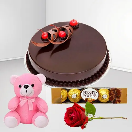 Lip Smacking Eggless Chocolate Cake with Teddy Rose N Ferrero Rocher
