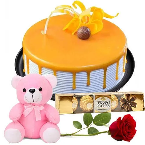 Yummy Eggless Butterscotch Cake with Ferrero Rocher Teddy N Rose