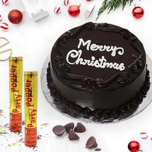 Enjoyable Merry Christmas Chocolate Cake with Party Poppers