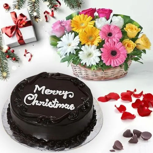 Signature Merry Xmas Chocolate Cake with Mixed Floral Basket