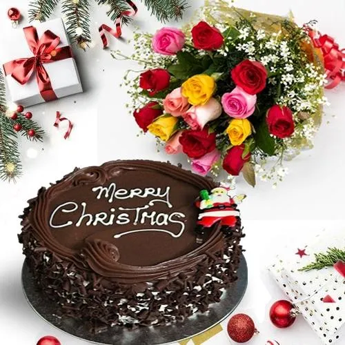 Lovely Selection ofMixed Roses with Merry Xmas Chocolate Cake