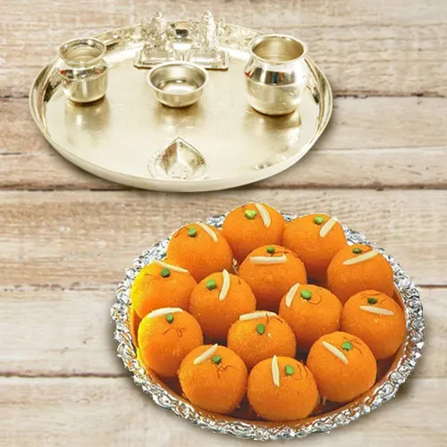 Ghee Ladoo with Silver Plated Puja Thali N Lakshmi Ganesha