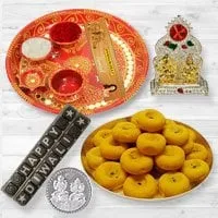 Pooja Samagri Hamper with Peda and Chocolate with free silver plated coin for Diwali.