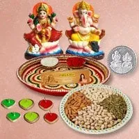 Laxmi Pooja Complete Hamper with Dry Fruits with free silver plated coin for Diwali