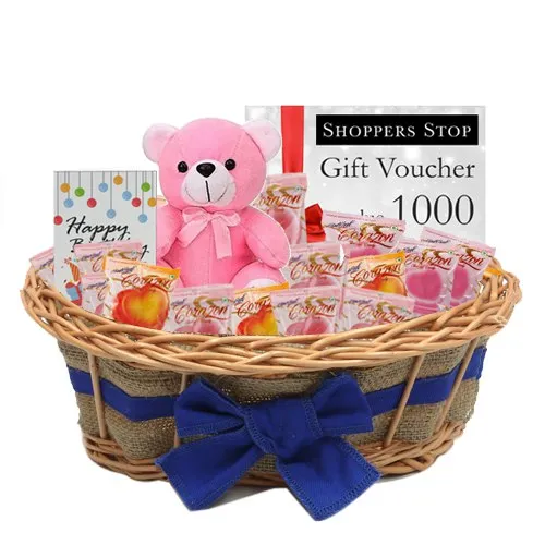 Exciting Combo of Shoppers Stop Gift E Voucher worth Rs.1000 Teddy Corazon Chocolate Basket and Card