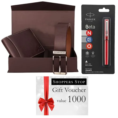 Mind Blowing Combo of Shoppers Stop Gift E Voucher worth Rs.1000 Parkar Beta Pen and Box of Wallet N Belt