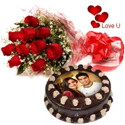 Exquisite Combo of Chocolate Photo Cake N Red Roses for Chocolate Day