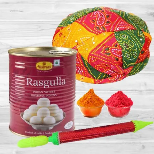Delicious Rasgulla Tin with Rajasthani Cap Pichkari N Free Gulal