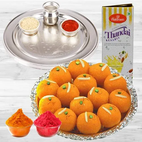 Joyful Holi Selection of Gulal Puja Thali Ladoo N Thandai