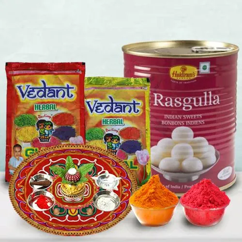 Sweet Enjoyment pack of Haldiram Rasgulla Herbal Gulal N Puja Thali