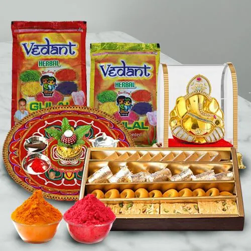 Festive Gift of Puja Thali with Assorted Sweets Ganesh Mandap N Herbal Gulal