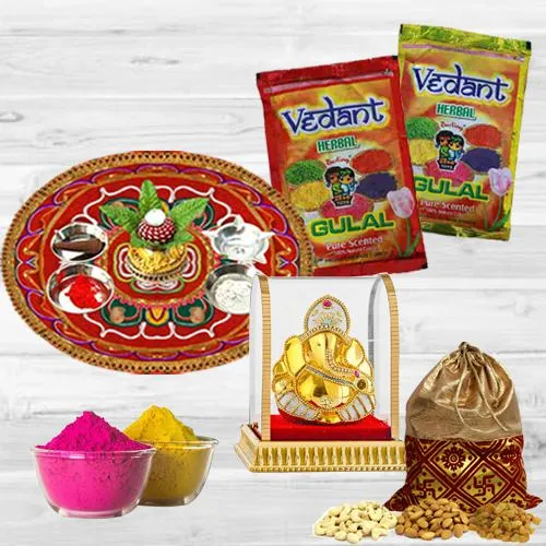 Cheerful Holi Combo of Puja Thali with Ganesh Mandap Herbal Gulal N Dry Fruit Potli