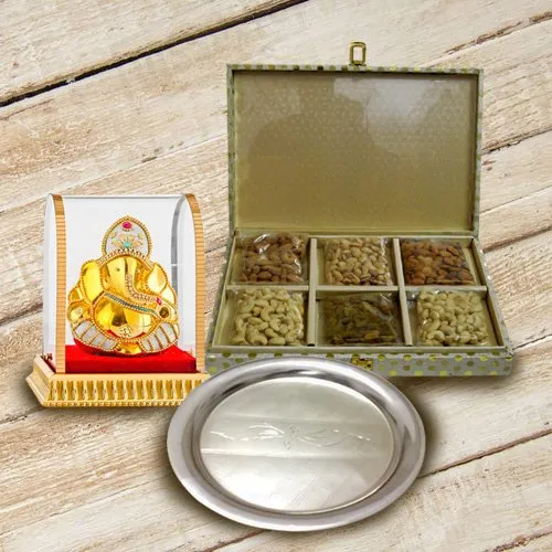 Ganesh Murti with Silver Plated Thali N Mixed Dry Fruits