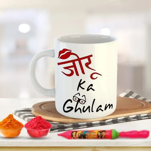 Playful Holi Gift of Coffee Mug Set n Herbal Gulal