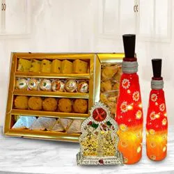 Decorative Bottle Art Lamp Set with Antique Ganesh Laxmi Mandap n Assorted Sweets
