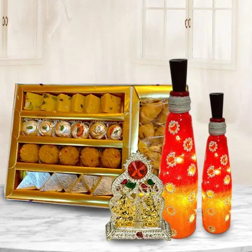 Decorative Bottle Art Lamp Set with Antique Ganesh Laxmi Mandap n Assorted Sweets