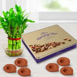 Eco Friendly Diwali Gift of Good Luck Bamboo Plants Cadbury Chocolates n Diya