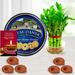 Diwali Gift of Eco Friendly Plant Royal Dansk Cookies Card n Free Diya