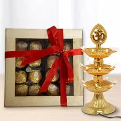 Reusable Wooden Gift Box of Ferrero Rocher N Diya LED Lamp for Diwali