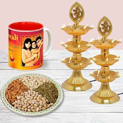 Marvelous Personalized Photo Mug with Dry Fruits n Diya Lamp Pair for Diwali