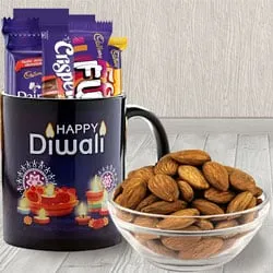 Beautiful Personalized Diwali Greetings Coffee Mug with Assorted Cadbury Chocolates n Almonds