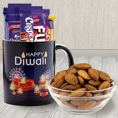 Beautiful Personalized Diwali Greetings Coffee Mug with Assorted Cadbury Chocolates n Almonds