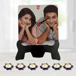 Attractive Personalized Photo Table Clock with 16 pcs Ferrero Rocher n Free Diya