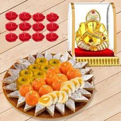 Pious Vighnesh Ganesh Idol with Bhikarams Sweets Platter n Candle Set