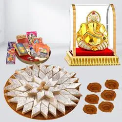 Tasty Kaju Katli with Ganesh Idol n Diwali Pooja Samagri Free Diya