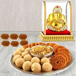 Exclusive Diwali Sweets n Savory Platter from Bhikaram with Silver Plated Pooja Thali n Bowl n Ganesh Idol