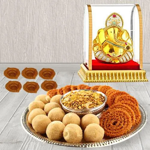 Exclusive Diwali Sweets n Savory Platter from Bhikaram with Silver Plated Pooja Thali n Bowl n Ganesh Idol
