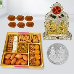 Tasty Diwali Sweets n Snacks Platter from Bhikaram with Laxmi Ganesh Mandap Coin n Free Diya