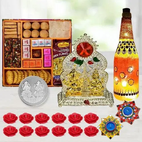 Exclusive Diwali Gift of Ganesh Laxmi Mandap Diya Lamp Sweets Snacks Candles n Free Coin