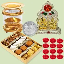 Exclusive Diwali Sweets Assortment with Laxmi Ganesh Mandap Akhand Diya Candles n Free Coin