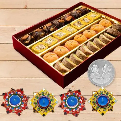 Special Assorted Mawa Sweets with Handmade Designer Diya Free Coin